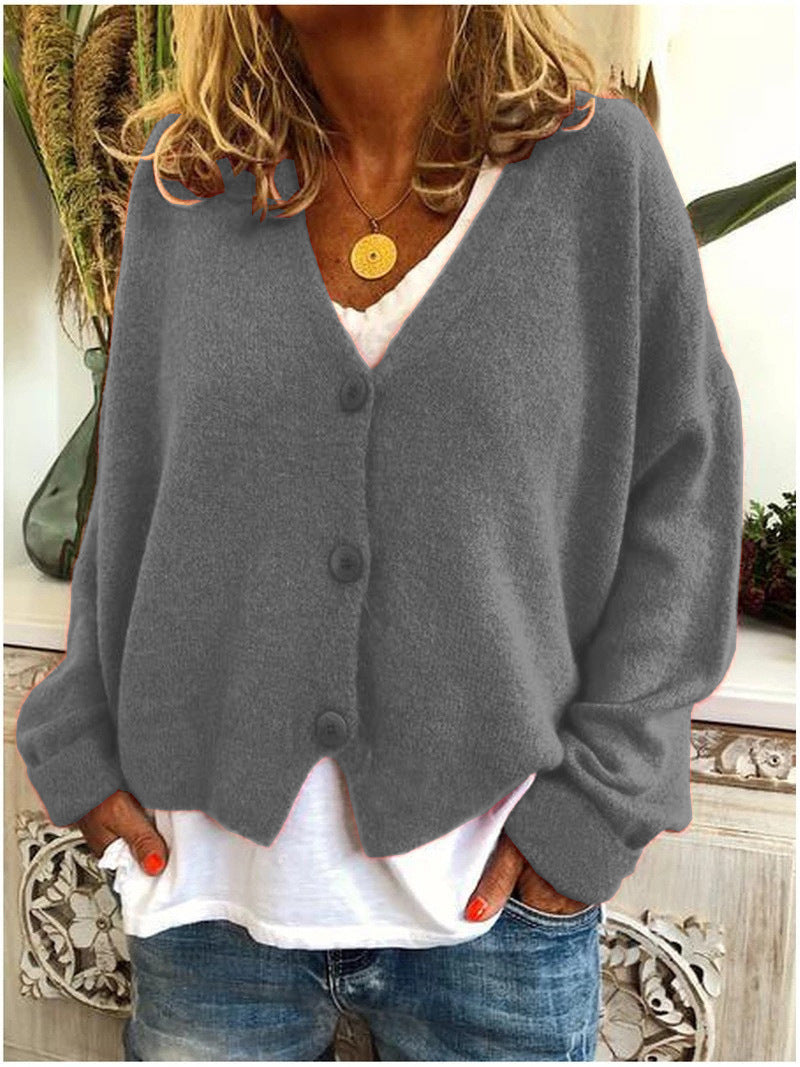 Women's V-neck button cardigan, medium gray knit with long sleeves