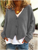 Women's V-neck button cardigan, medium gray knit with long sleeves