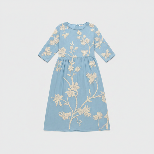 Blue floral midi dress, round neck, elbow sleeves, embroidered botanical design, gathered skirt