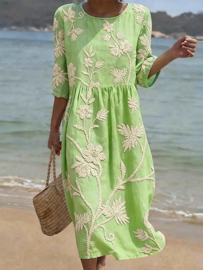 Mint green floral embroidered round-neck midi dress with gathered waist and 3/4 sleeves