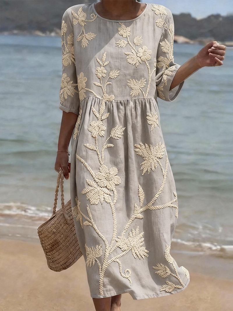 Grey floral embroidered round-neck midi dress with gathered waist and 3/4 sleeves