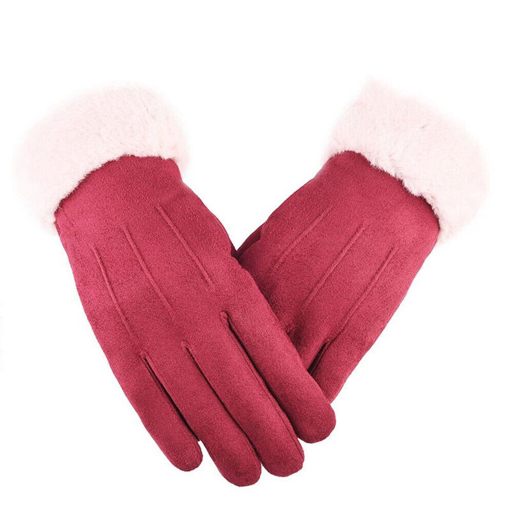 Burgundy leather gloves with fluffy white cuffs and stitched finger seams