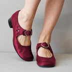 Burgundy Mary Jane shoes with adjustable buckle strap and rounded toe