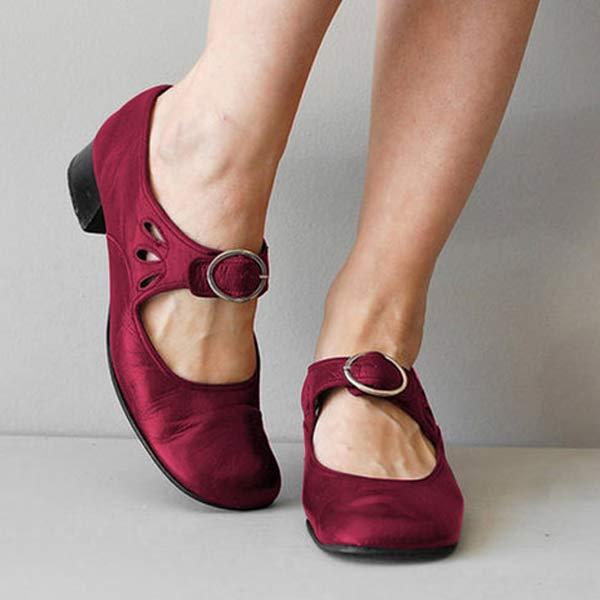 Burgundy Mary Jane shoes with adjustable buckle strap and rounded toe