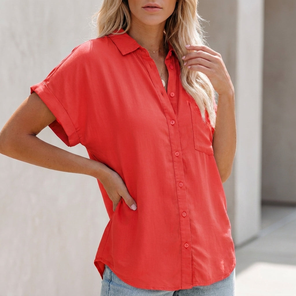 Red button-up blouse with collar, front buttons, chest pocket, short sleeves
