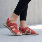 Orthopedic sandals with adjustable straps and contoured footbed in red