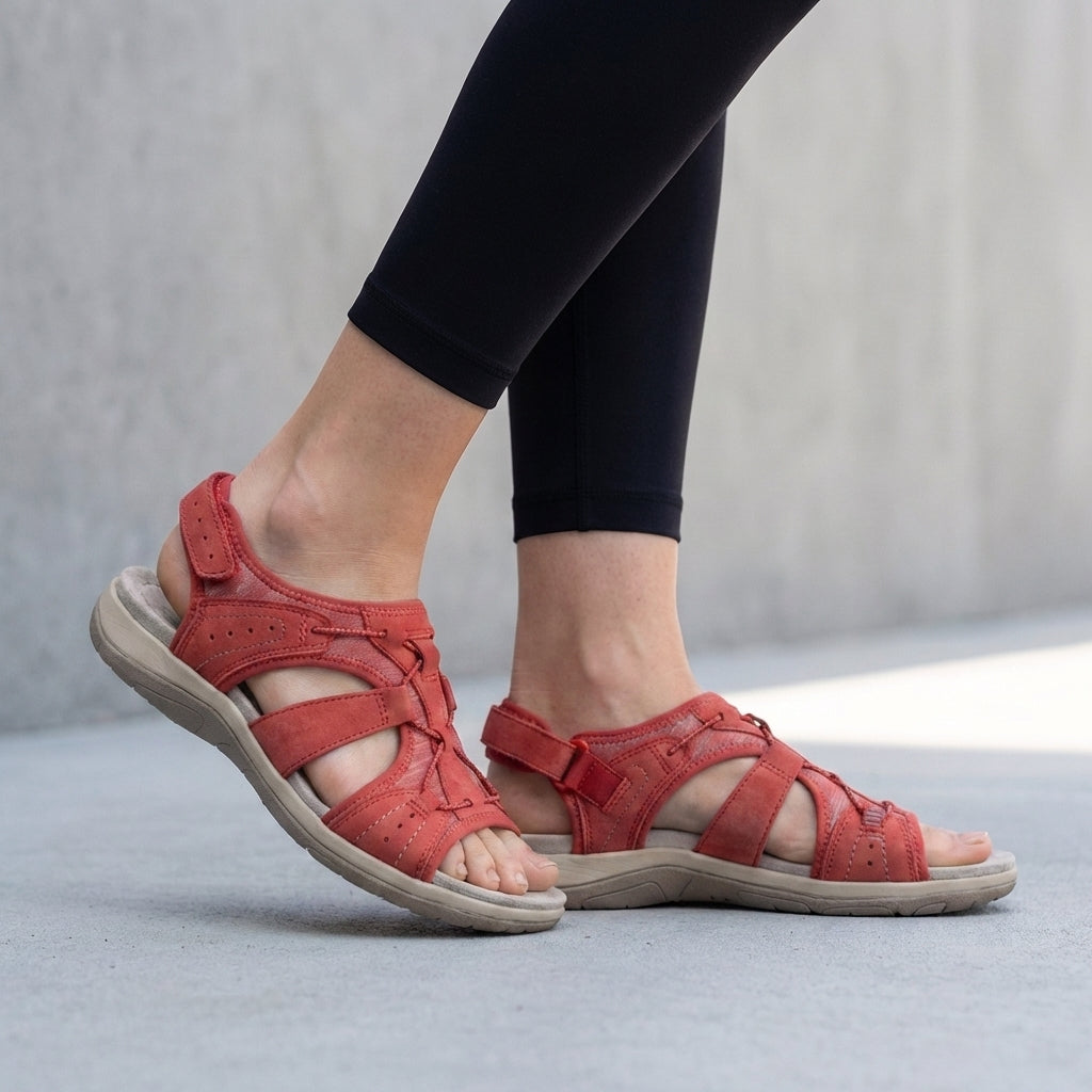 Orthopedic sandals with adjustable straps and contoured footbed in red