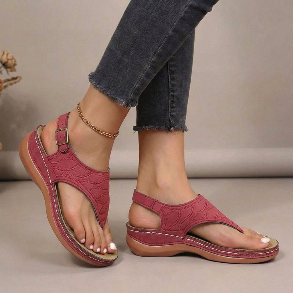 Red thong sandals with adjustable ankle strap and arch support, open-toe design