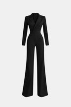 Tailored blazer-style wide-leg jumpsuit, black, V-neck, long sleeves, wide legs