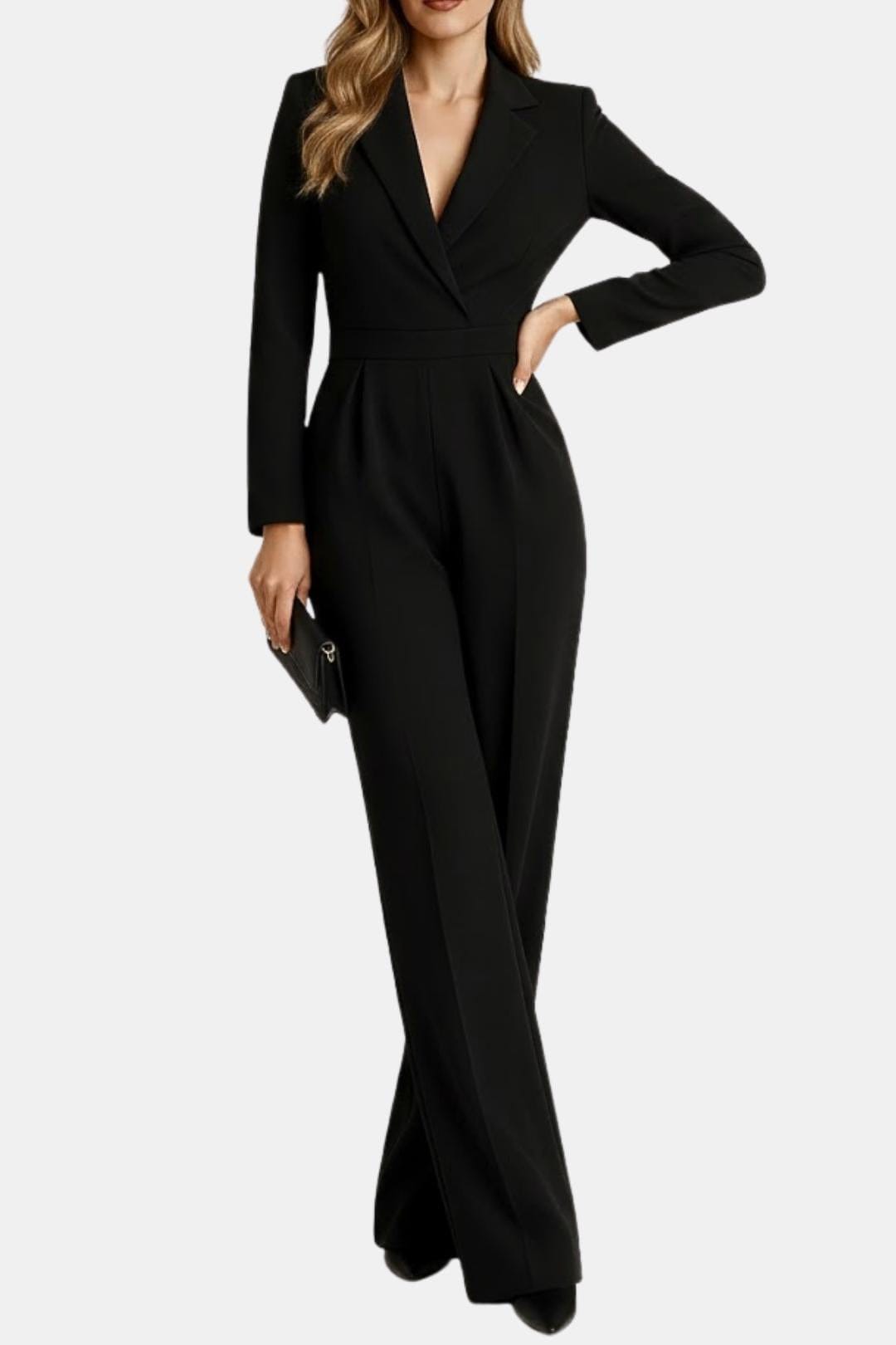 Tailored blazer-style wide-leg jumpsuit, black, V-neck, long sleeves, wide legs