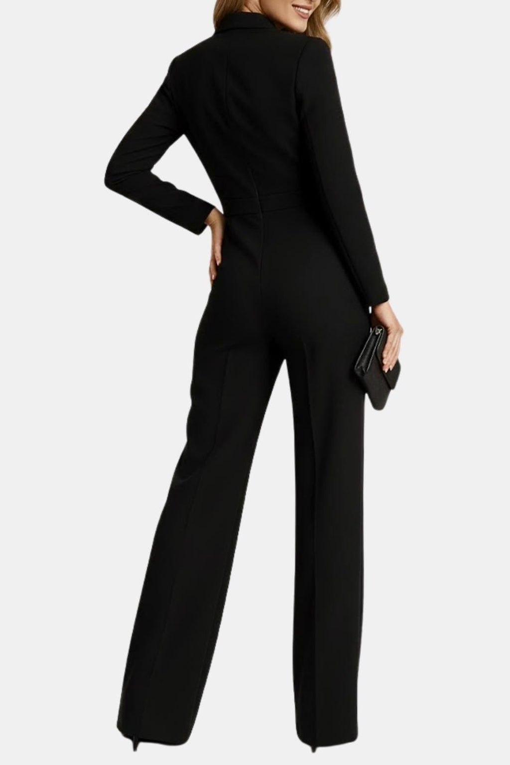 Tailored blazer-style wide-leg jumpsuit, black, back view, long sleeves, wide legs