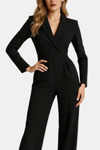 Tailored blazer-style wide-leg jumpsuit, black, V-neck, long sleeves, belted waist