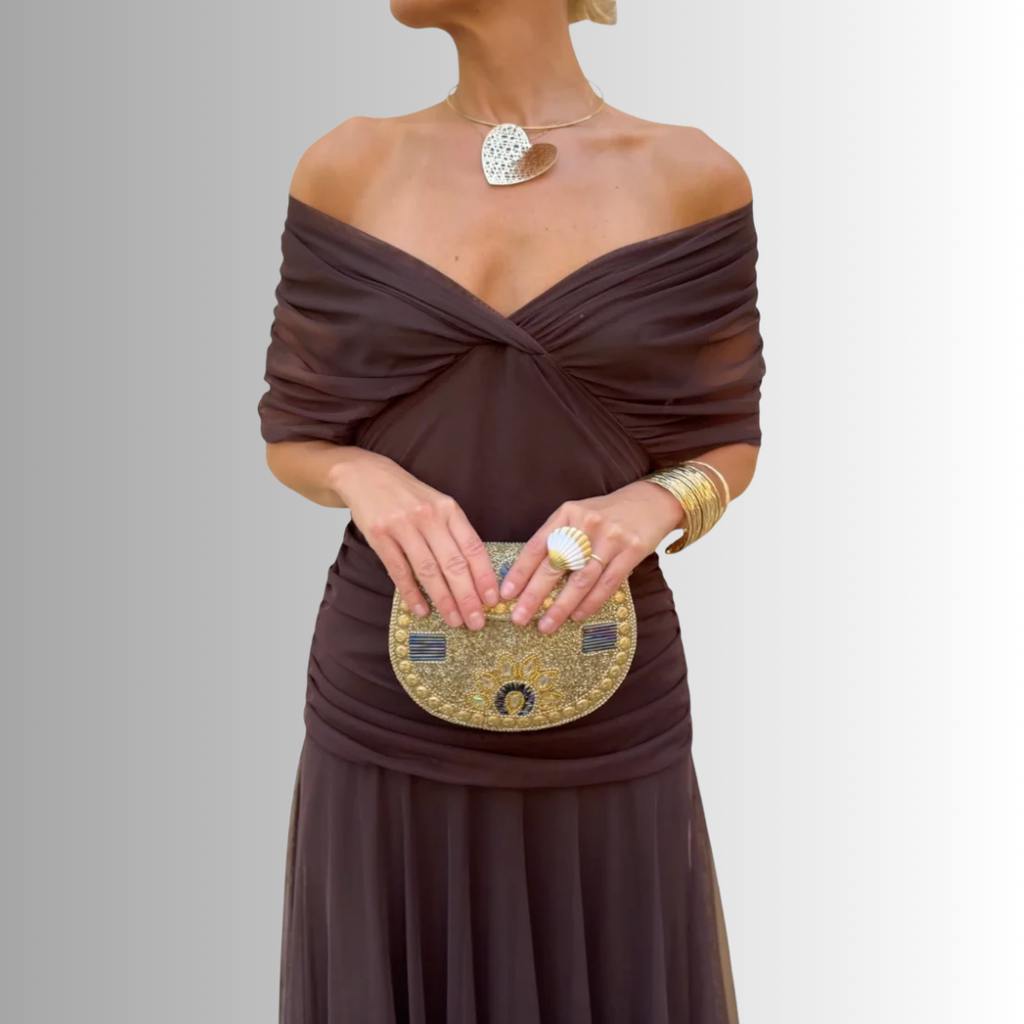 Burgundy off-shoulder ruched maxi dress with twisted sweetheart neckline