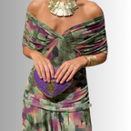 Multicolor off-shoulder maxi dress with knotted front and flowing skirt