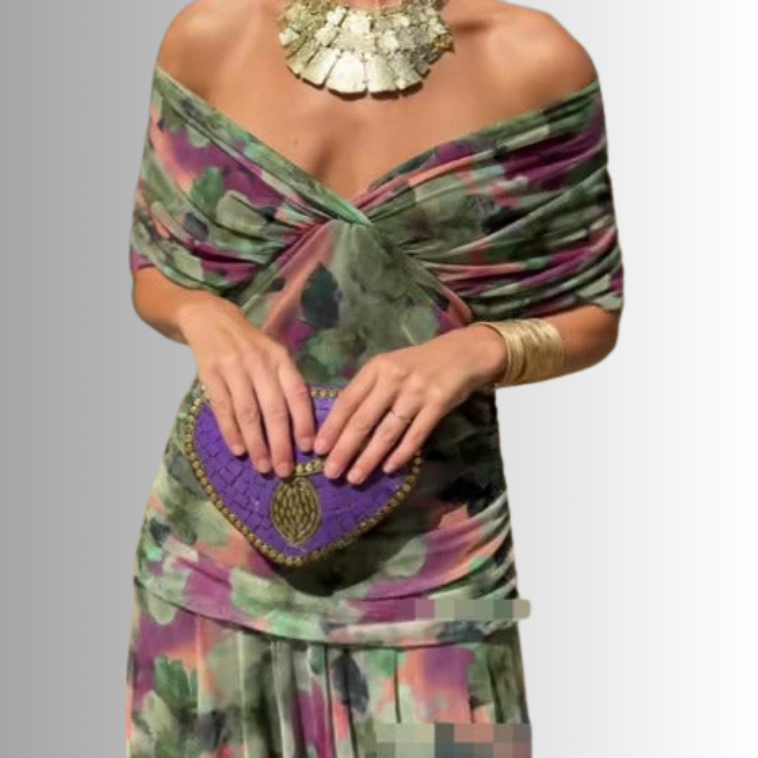 Multicolor off-shoulder maxi dress with knotted front and flowing skirt