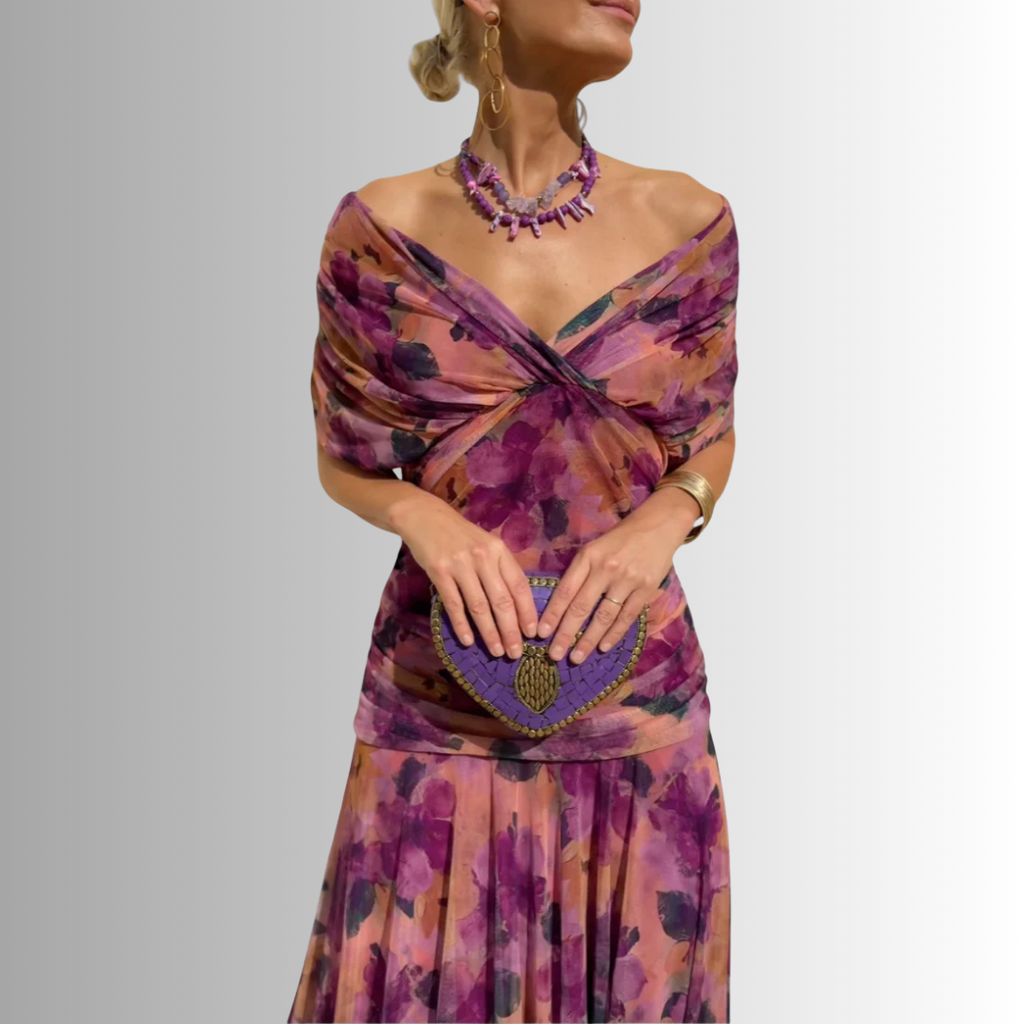 Purple multicolor off-shoulder maxi dress with twisted bodice and pleated skirt
