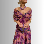 Purple multicolor off-shoulder maxi dress with twisted bodice and pleated skirt