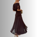 Maroon off-shoulder maxi dress with ruched bodice and flowy sheer-layer hem