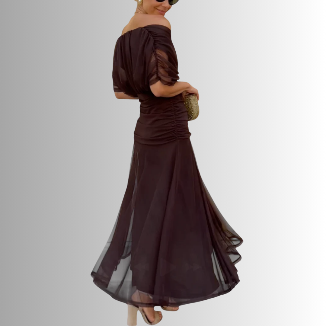 Maroon off-shoulder maxi dress with ruched bodice and flowy sheer-layer hem