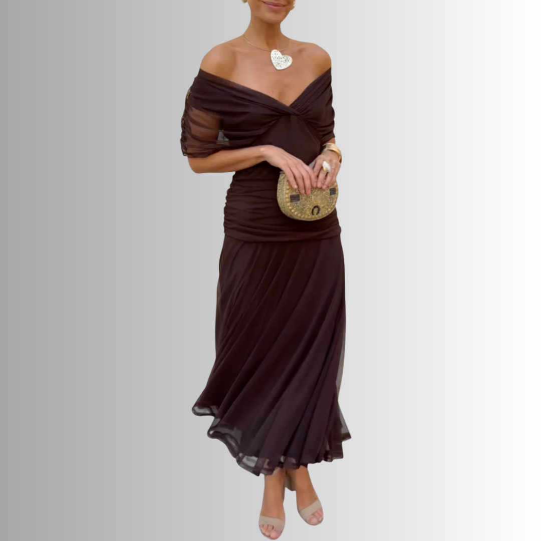 Burgundy off-shoulder maxi dress with twisted neckline and pleated, flowy skirt