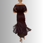 Dark maroon off-shoulder maxi dress with draped back and sheer ruffle hem