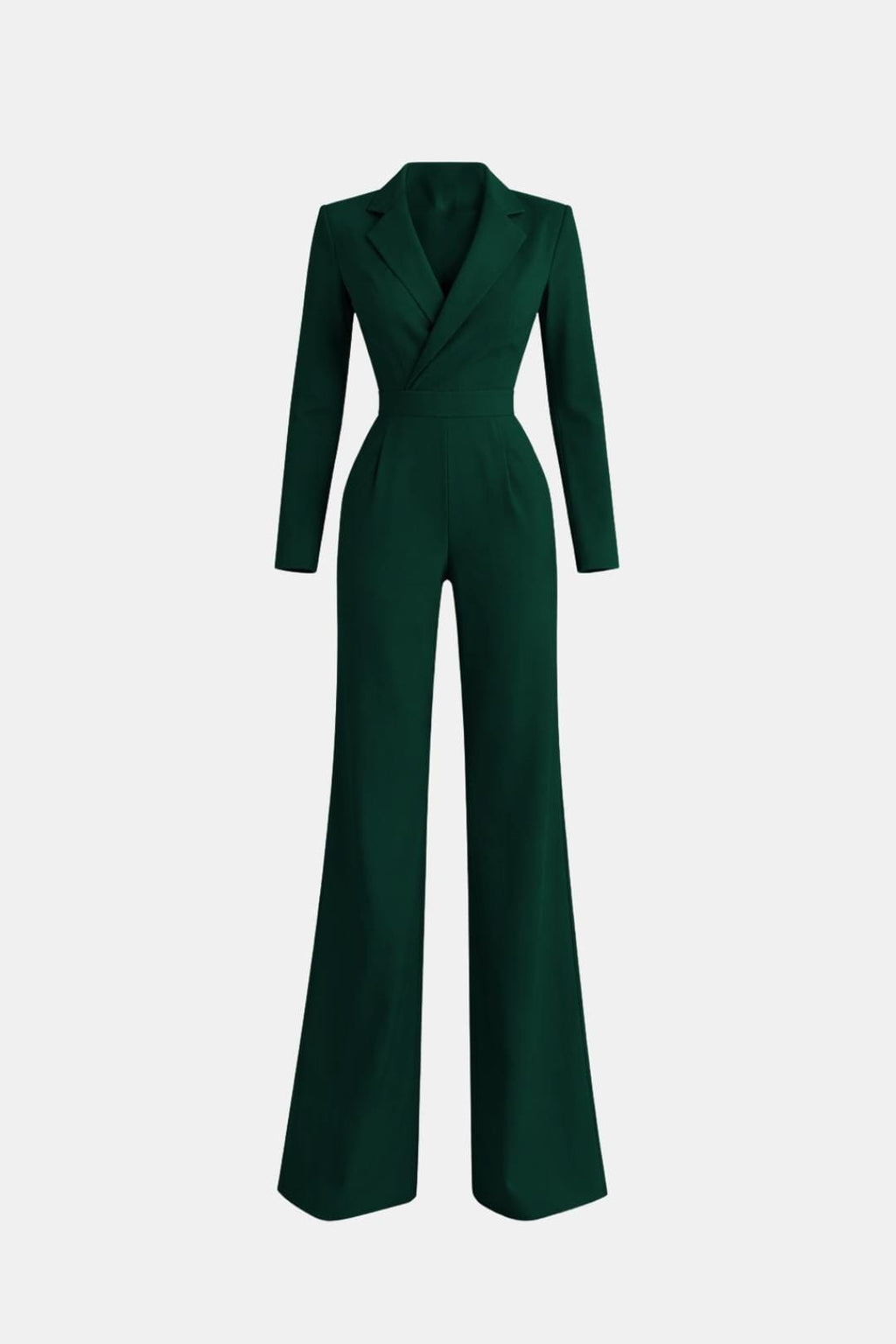 Tailored blazer-style wide-leg jumpsuit, dark green, V-neck, long sleeves, wide legs