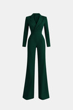 Tailored blazer-style wide-leg jumpsuit, dark green, V-neck, long sleeves, wide legs