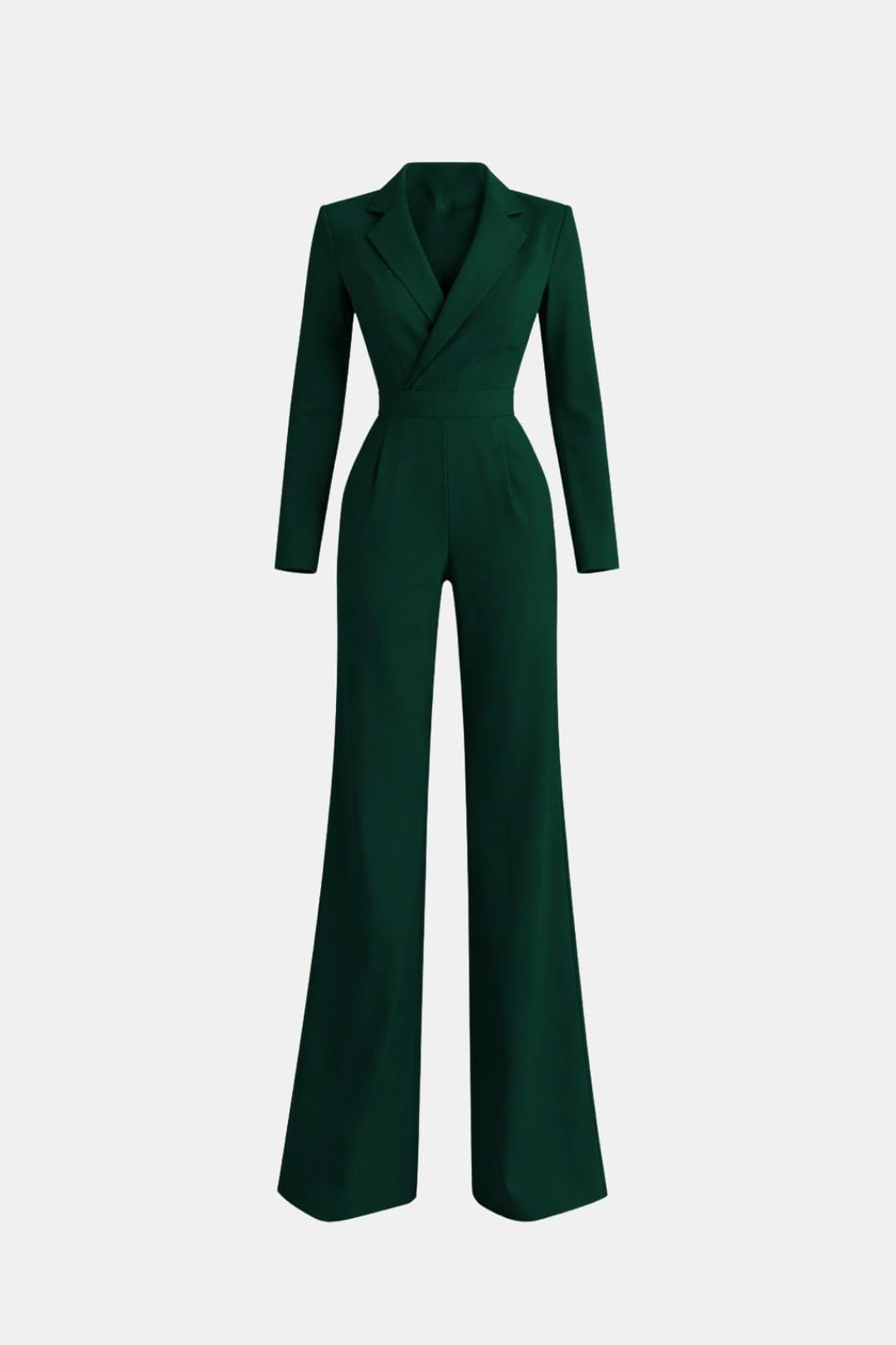 Tailored blazer-style wide-leg jumpsuit, dark green, V-neck, long sleeves, wide legs