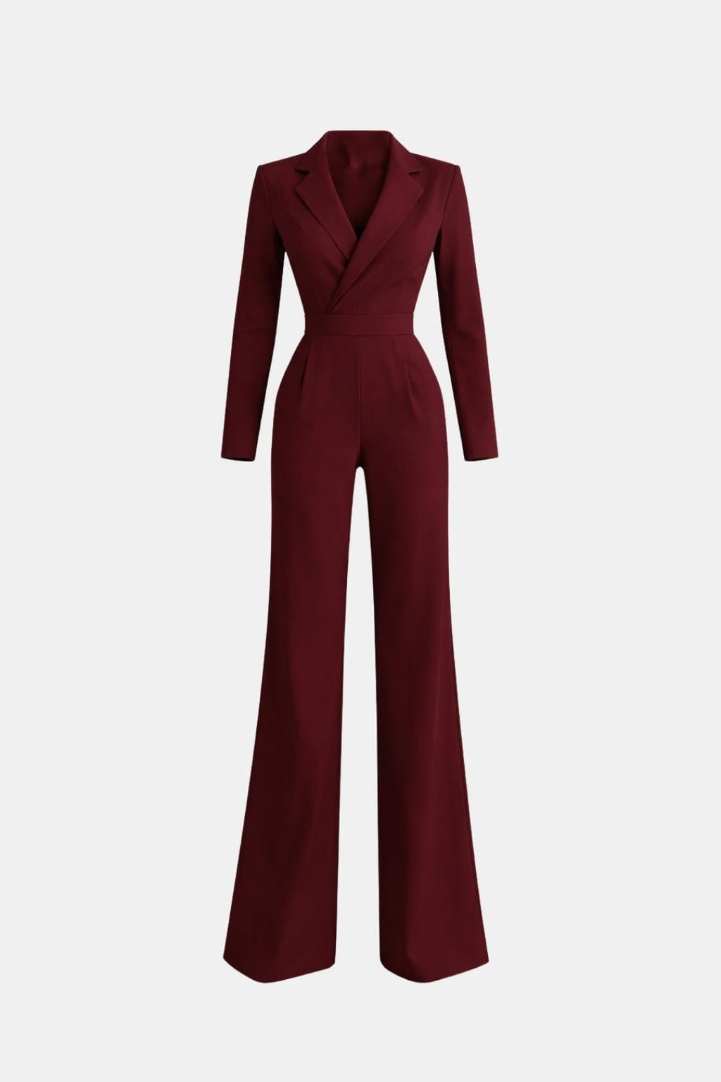 Tailored blazer-style wide-leg jumpsuit, burgundy, V-neck, long sleeves, wide legs