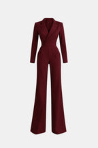 Tailored blazer-style wide-leg jumpsuit, burgundy, V-neck, long sleeves, wide legs