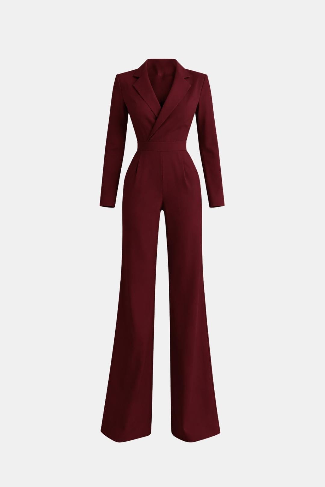 Tailored blazer-style wide-leg jumpsuit, burgundy, V-neck, long sleeves, wide legs