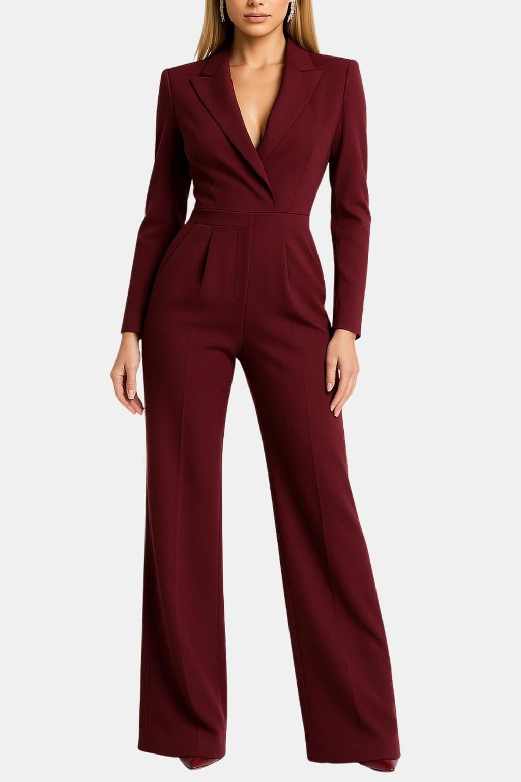 Tailored blazer-style wide-leg jumpsuit, burgundy, V-neck, long sleeves, wide legs