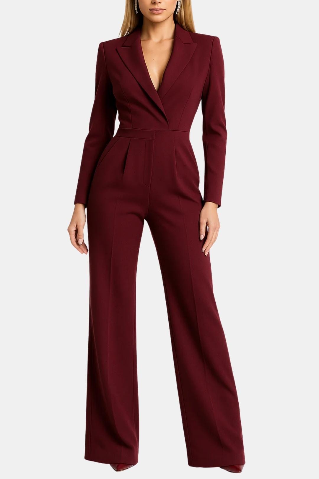 Tailored blazer-style wide-leg jumpsuit, burgundy, V-neck, long sleeves, wide legs