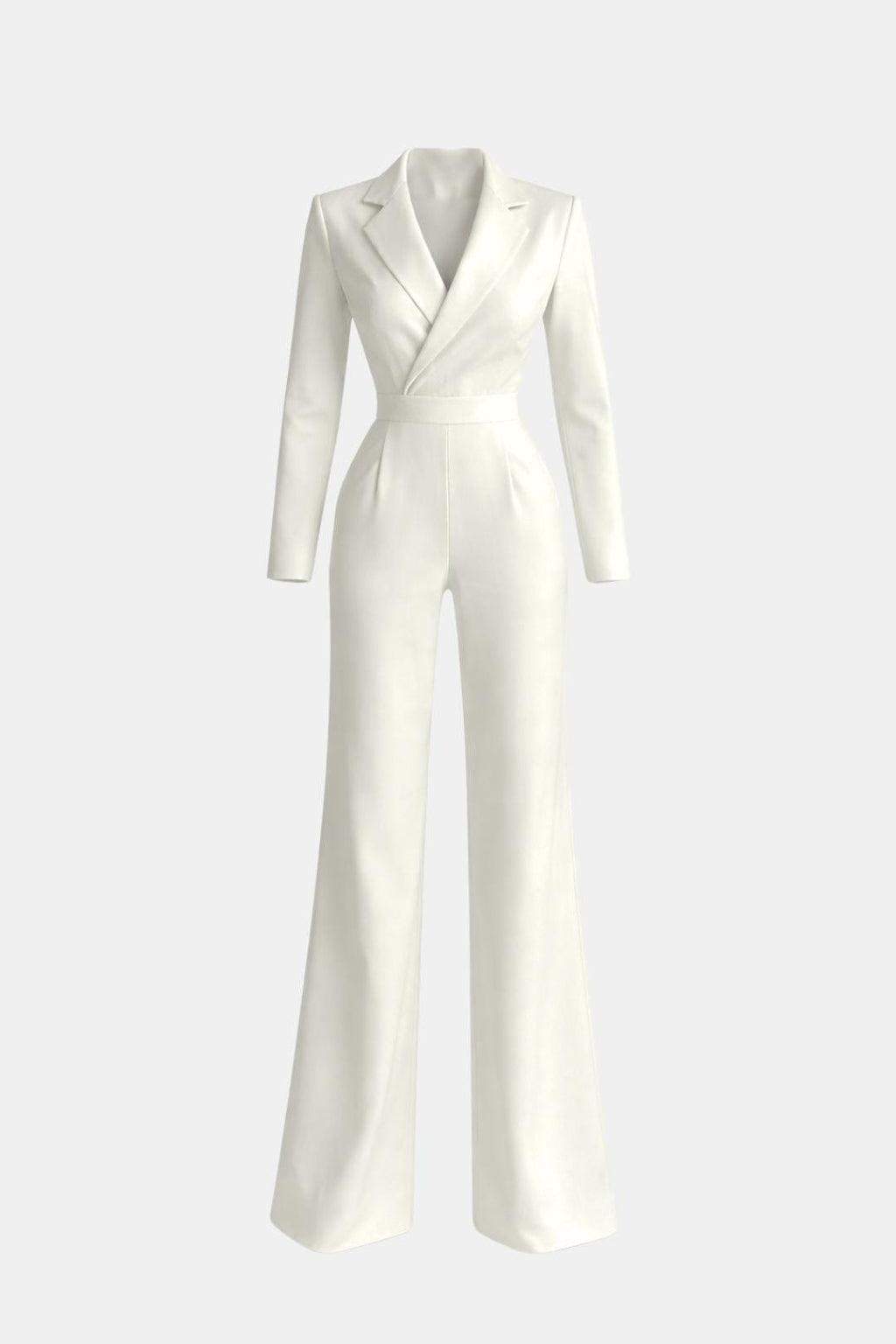 Tailored blazer-style wide-leg jumpsuit, white, V-neck, long sleeves, wide legs