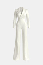 Tailored blazer-style wide-leg jumpsuit, white, V-neck, long sleeves, wide legs
