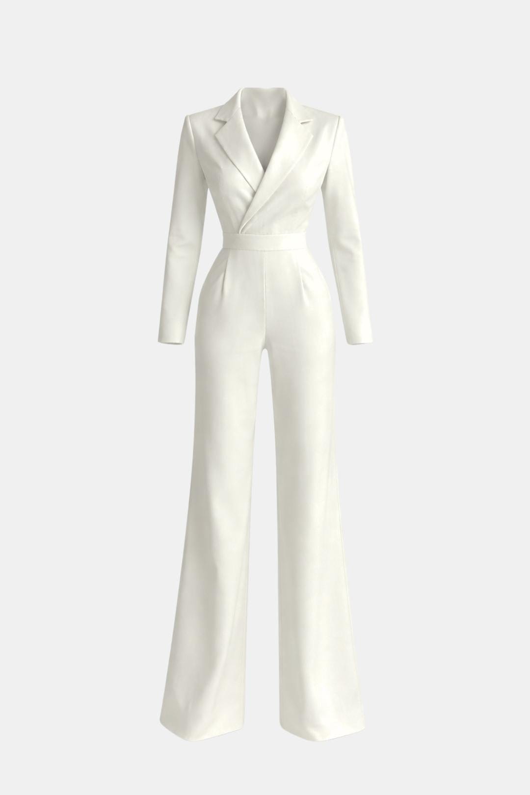 Tailored blazer-style wide-leg jumpsuit, white, V-neck, long sleeves, wide legs