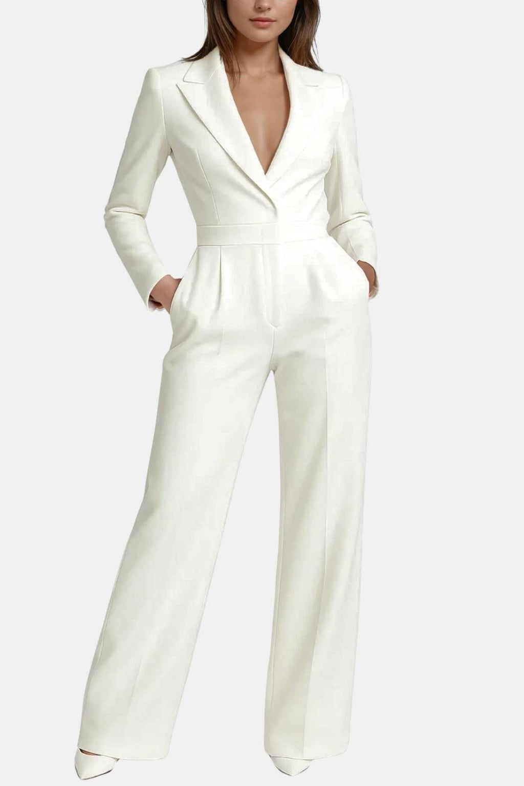 Tailored blazer-style wide-leg jumpsuit, white, V-neck, long sleeves, wide legs