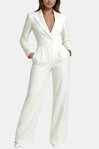 Tailored blazer-style wide-leg jumpsuit, white, V-neck, long sleeves, wide legs