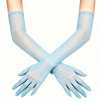 Sheer mesh elbow-length gloves in light blue, with smooth fitted wrist cuffs