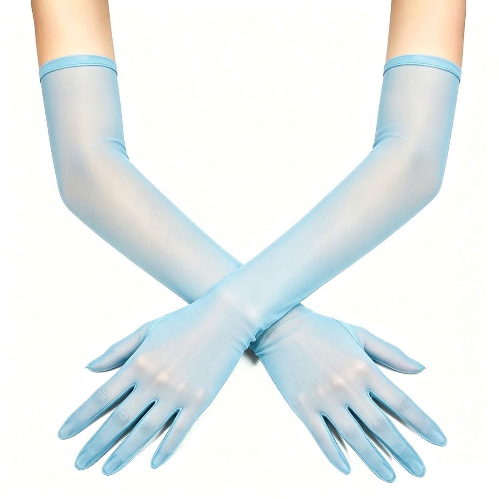 Sheer mesh elbow-length gloves in light blue, with smooth fitted wrist cuffs