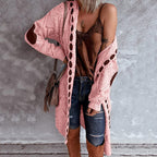 Long hooded open-front knit vest with braided trim, pink heather