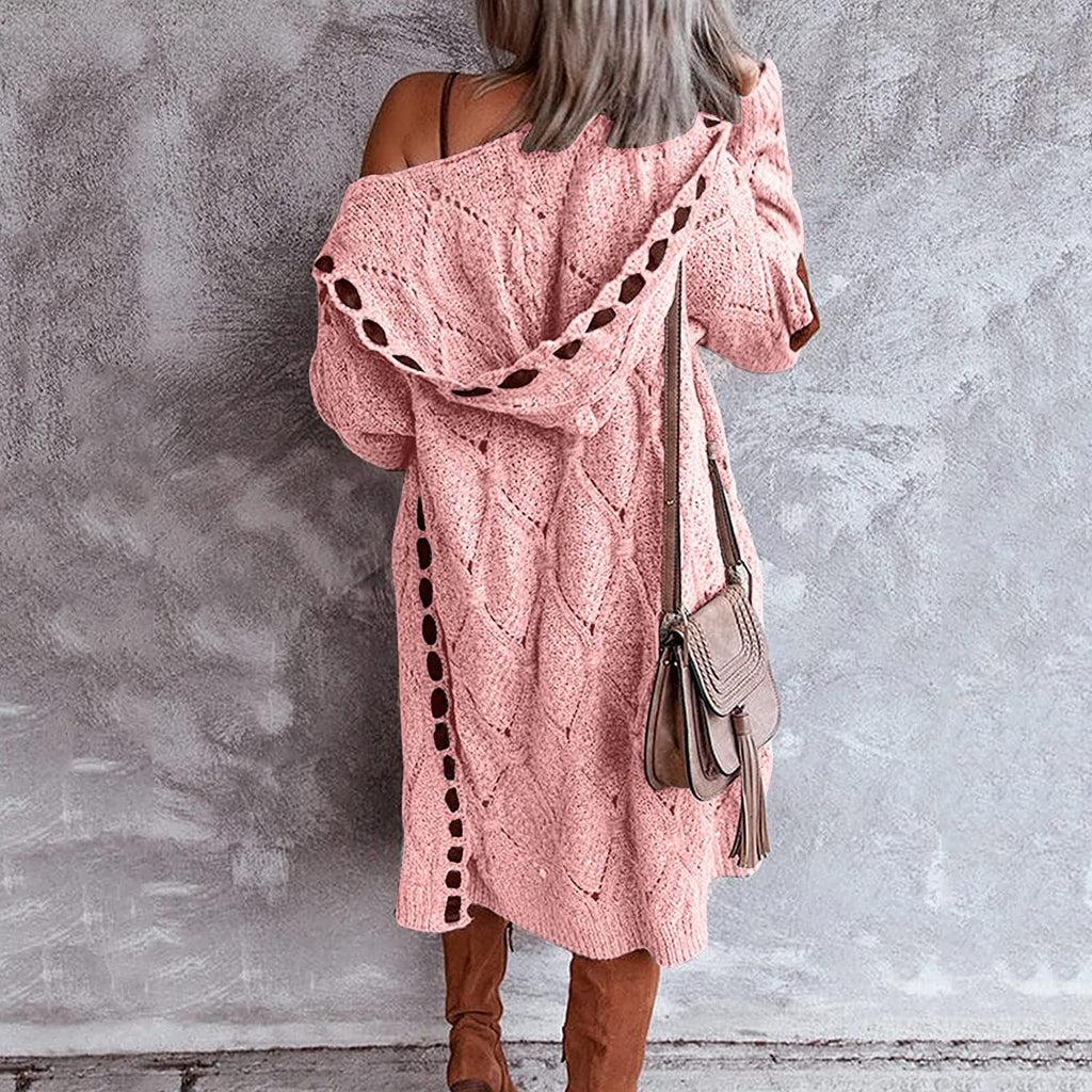 Long hooded knit cardigan with cutout trim, pink textured knit with tassel sleeves