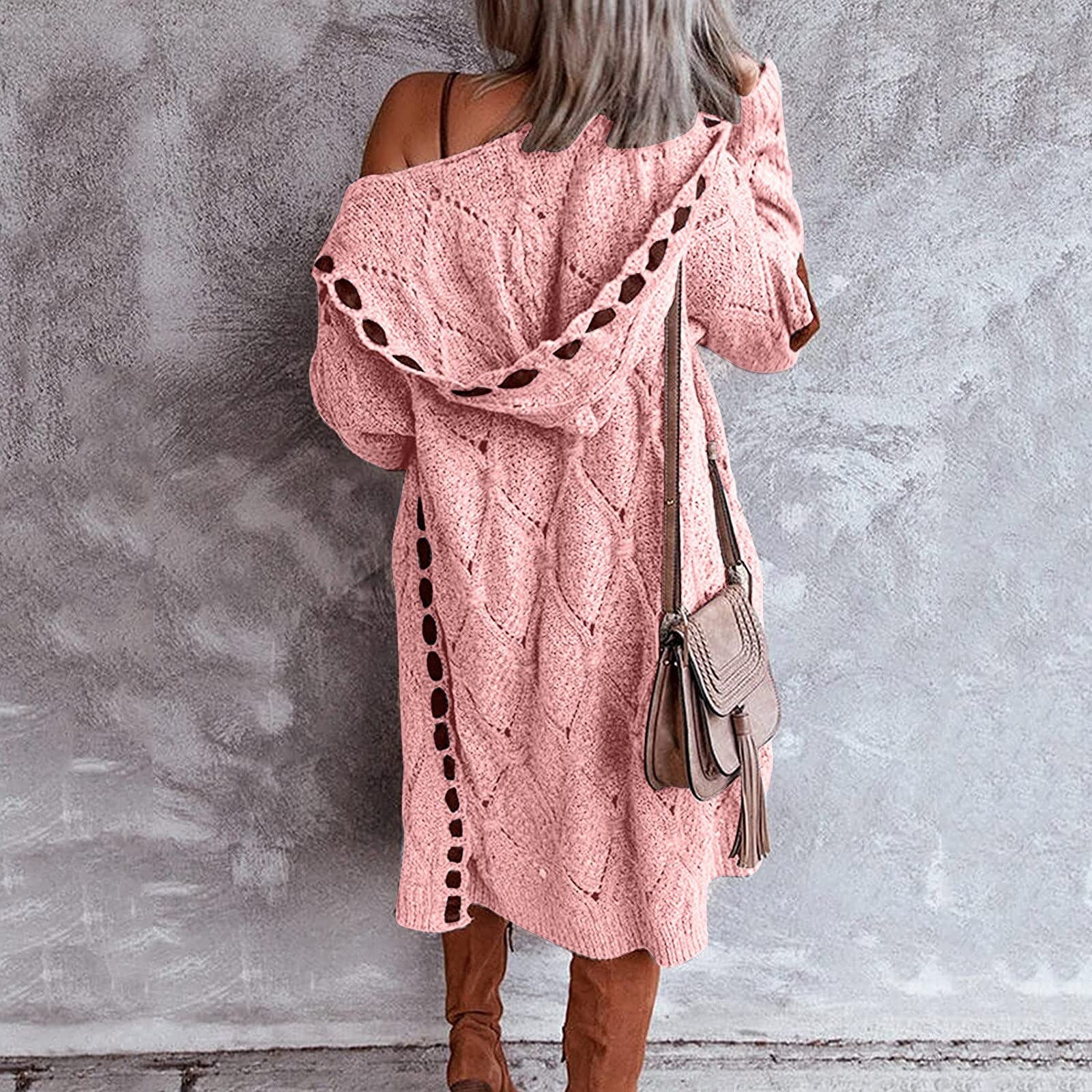 Long hooded knit cardigan with cutout trim, pink textured knit with tassel sleeves