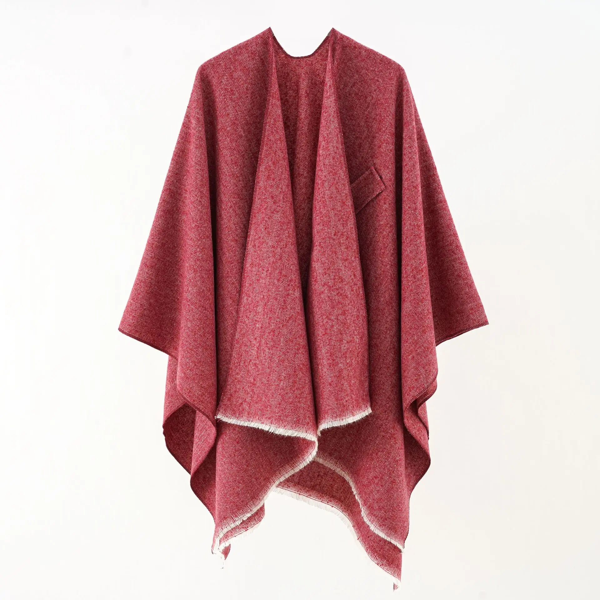 Cashmere poncho in dark red speckle, draped with V neckline and open-front wrap design