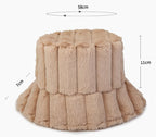 Beige plush bucket hat, 58cm wide, 11cm high; quilted vertical panels