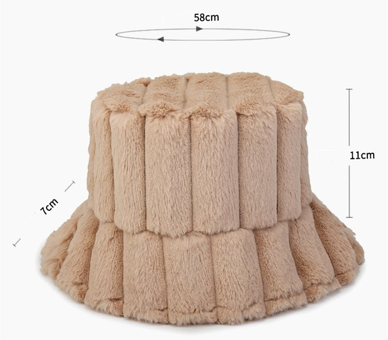 Beige plush bucket hat, 58cm wide, 11cm high; quilted vertical panels