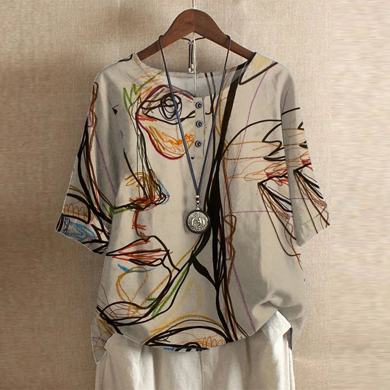 Women’s vintage floral print blouse with short sleeves, button front, V-neck, abstract multicolor on light base