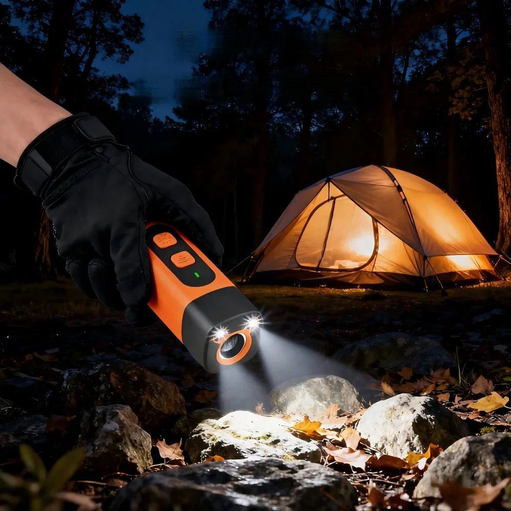 Orange ultrasonic dog bark deterrent device held in a hand, with glowing indicator