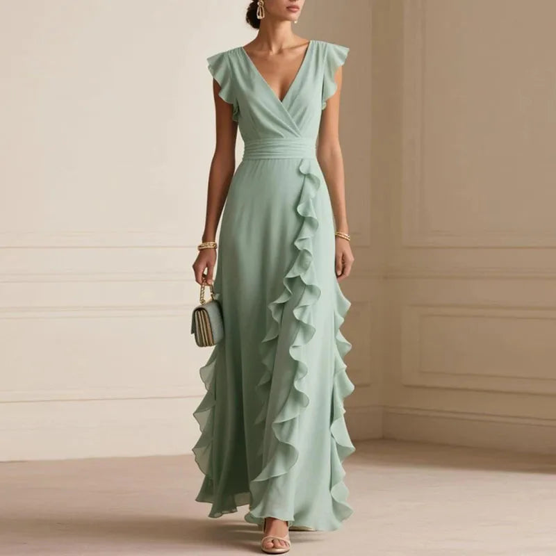 Ruffle-trim maxi dress, sage green V-neck wrap, flutter cap sleeves, layered ruffles
