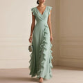 Ruffle-trim maxi dress, sage green V-neck wrap, flutter cap sleeves, layered ruffles